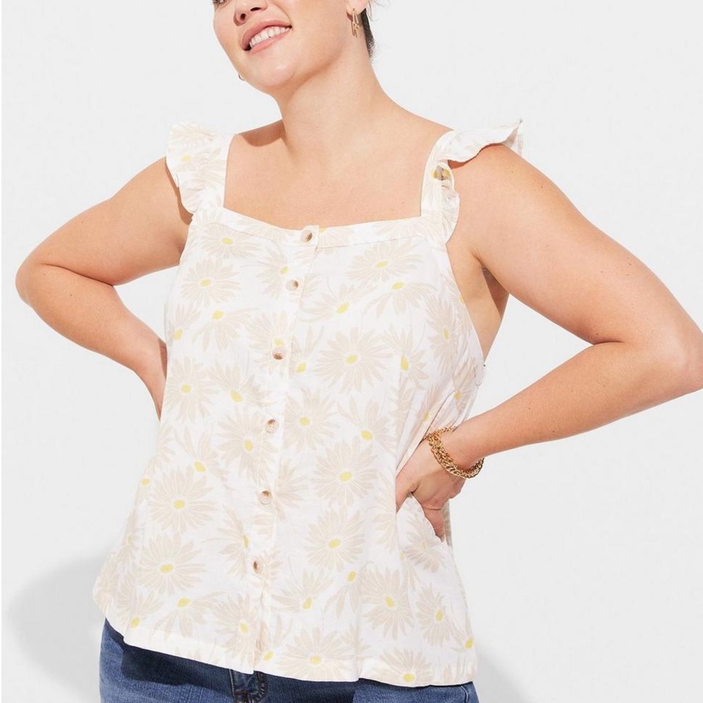 Torrid Floral Button-Front Tank Top - Cream and Yellow